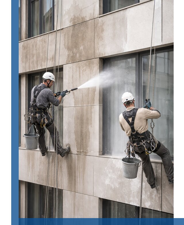 Послестроительная мойка фасада промышленным альпинизмом в Мончегорске