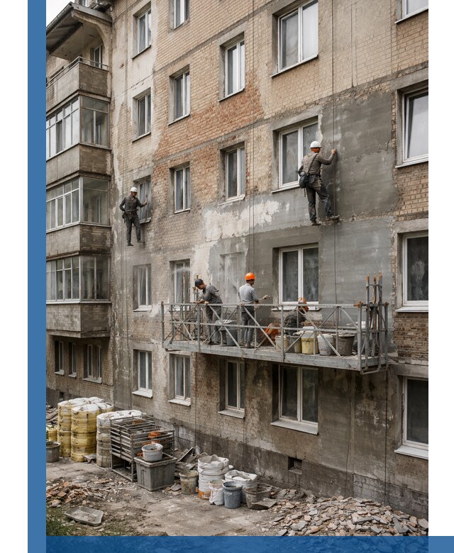 Капитальный ремонт фасада в Мончегорске с восстановлением и гидроизоляцией