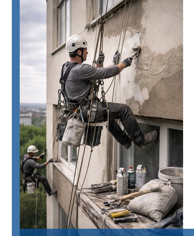 Косметический ремонт фасада зданий в Мончегорске промышленными альпинистами