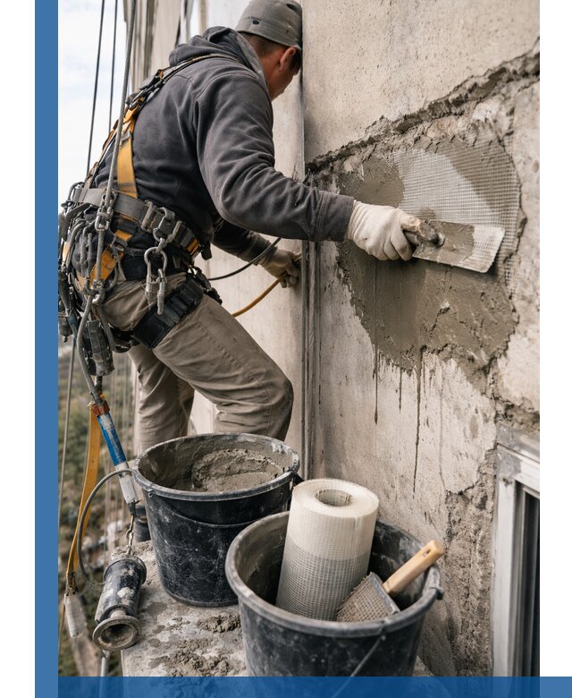 Ремонт бетонных элементов фасада промышленными альпинистами в Мончегорске