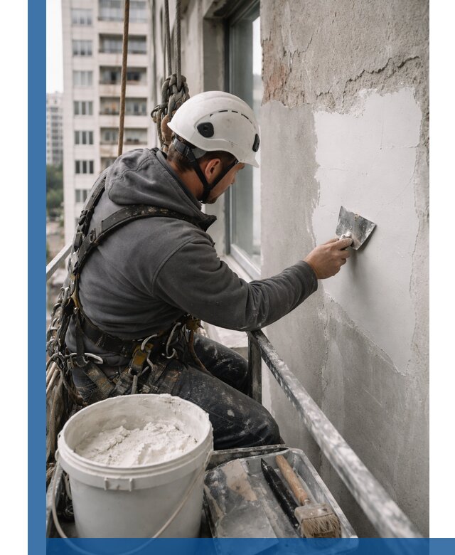 Шпаклевка фасадов на высоте с промальпинистами в Мончегорске