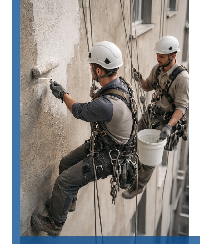 Грунтовка фасада на высоте в Мончегорске промышленными альпинистами