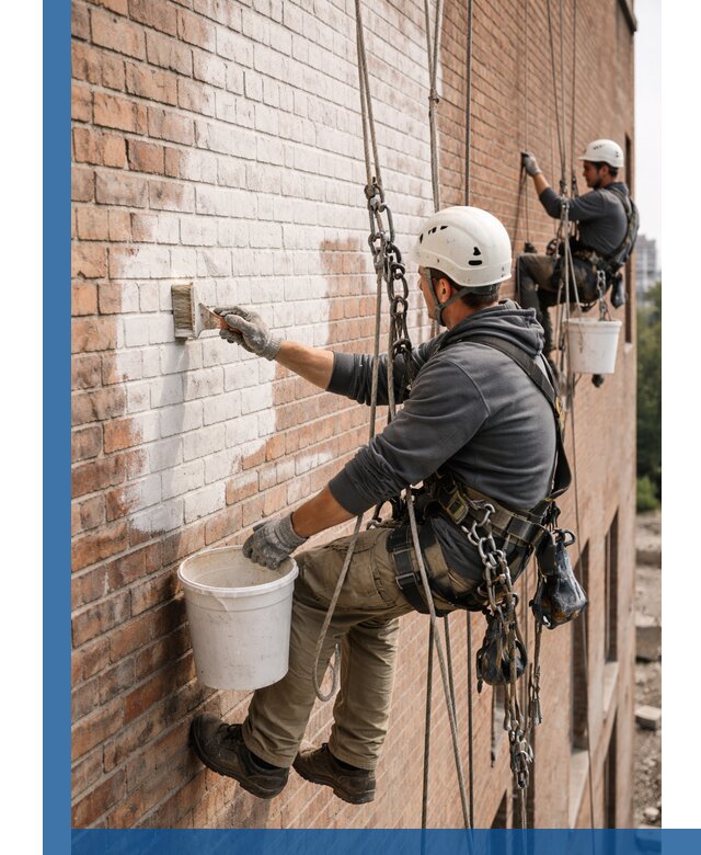 Покраска кирпичного фасада с доступным альпинистским сервисом в Мончегорске