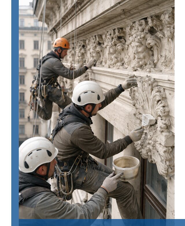 Реставрация фасадной лепнины с высотными работами в Мончегорске