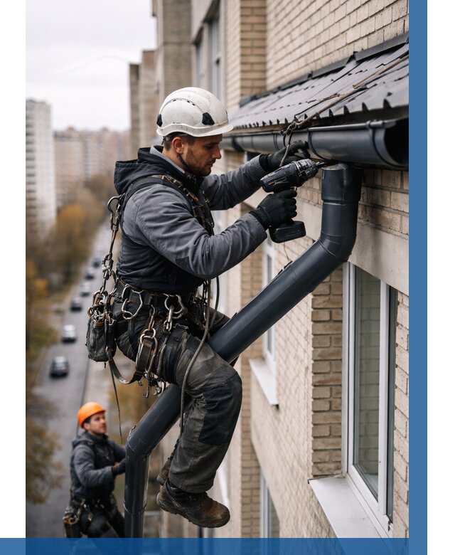 Монтаж водосточной системы на здании в Мончегорске от 5050 р. | ВЫСОТНИК-Мнч