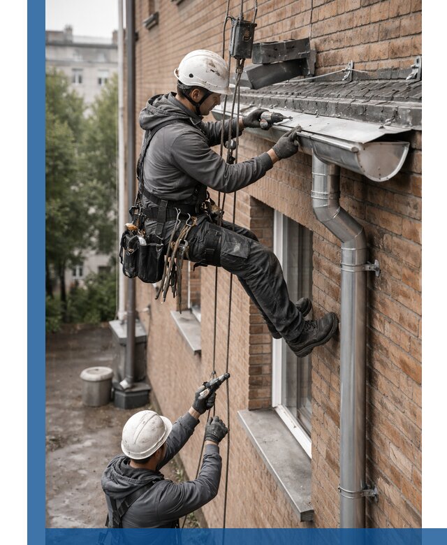 Монтаж водосточной системы на здании в Мончегорске под ключ