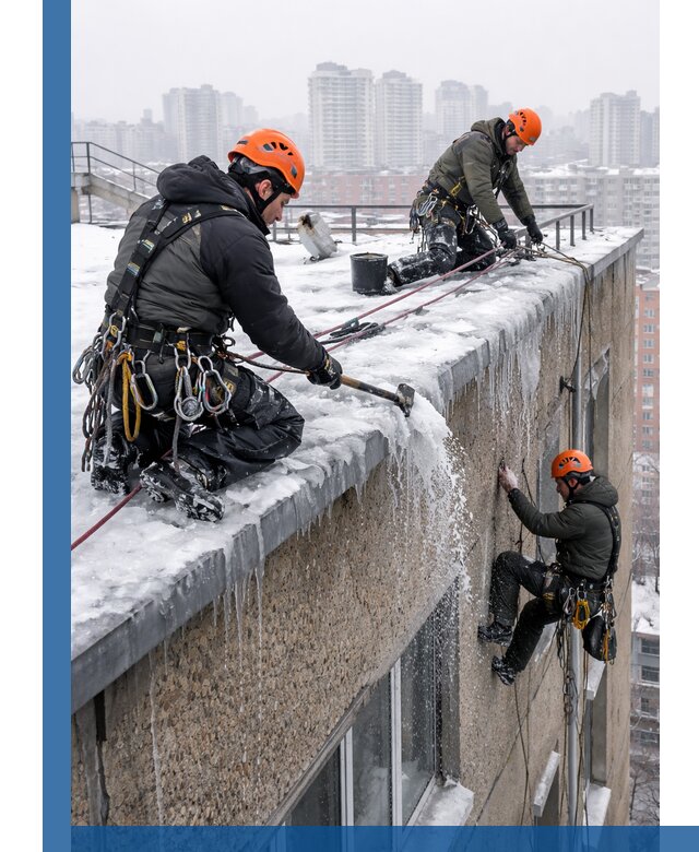 Удаление наледи с кровли в Мончегорске промышленными альпинистами