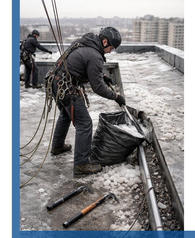 Аварийная очистка кровли в Мончегорске от промальпинистов
