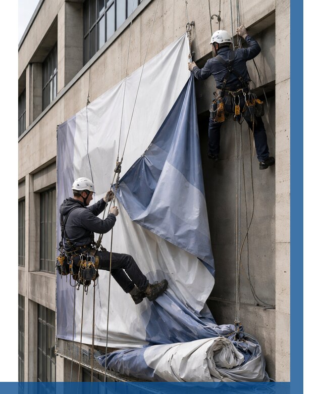 Демонтаж баннеров с фасада в Мончегорске от 4545 р. | ВЫСОТНИК-Мнч