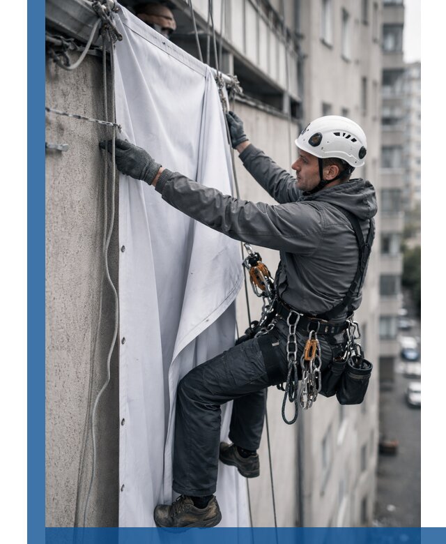 Замена баннерного полотна промышленными альпинистами в Мончегорске