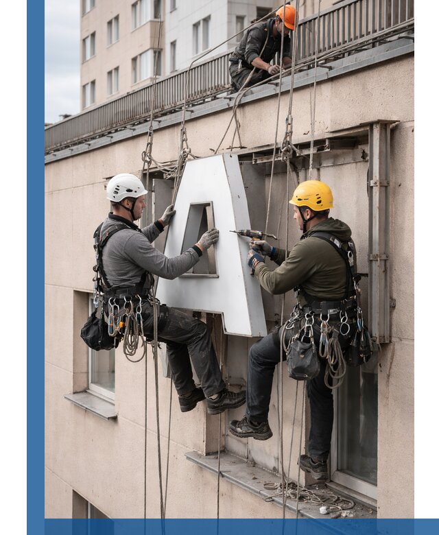 Ремонт и восстановление наружных вывесок на высоте в Мончегорске