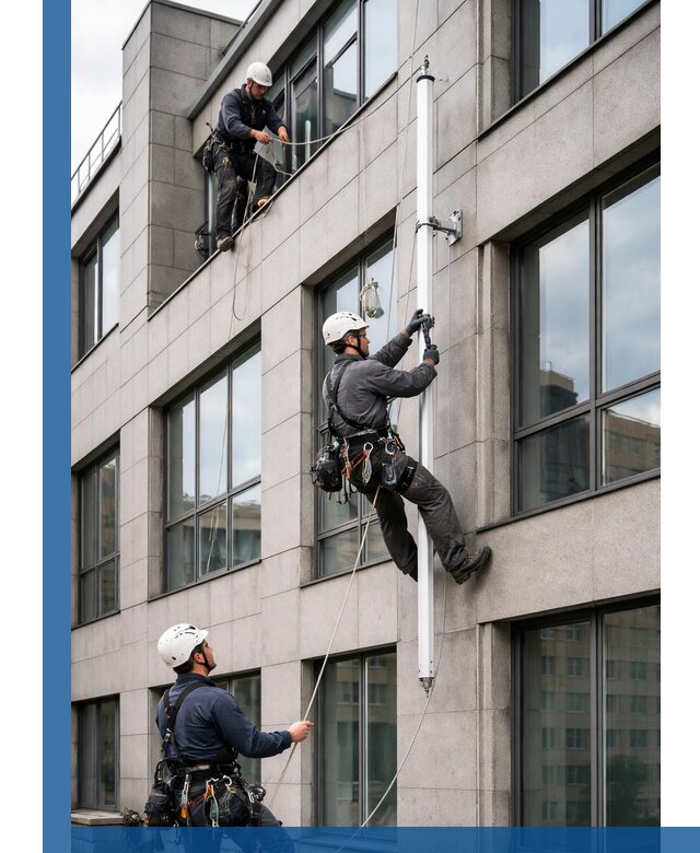 Монтаж флагштока на фасаде здания с креплением и герметикой в Мончегорске
