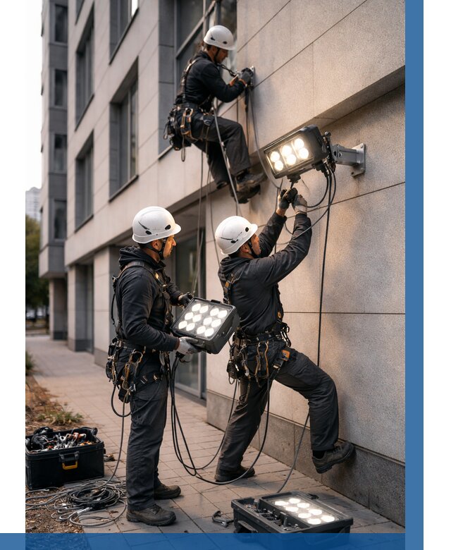 Монтаж прожекторов на фасаде в Мончегорске от 7575 р. | ВЫСОТНИК-Мнч