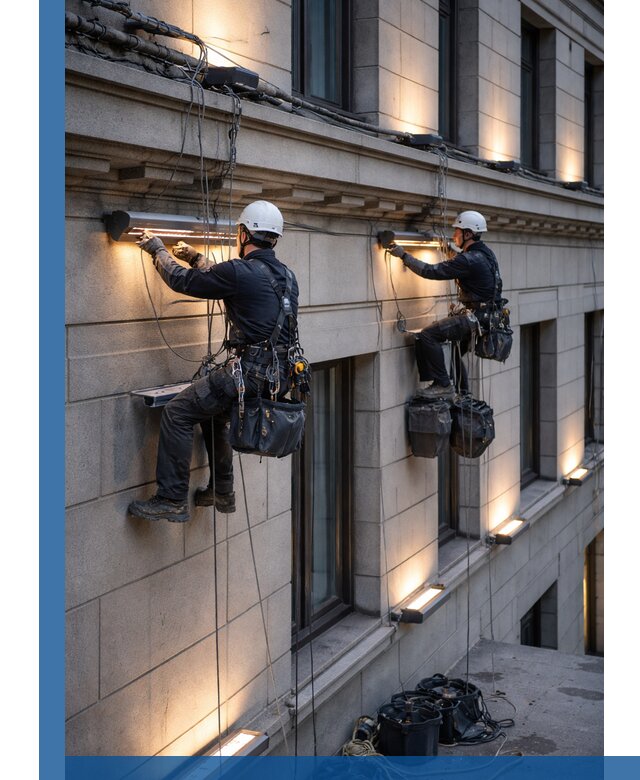 Монтаж архитектурной подсветки фасадов зданий в Мончегорске