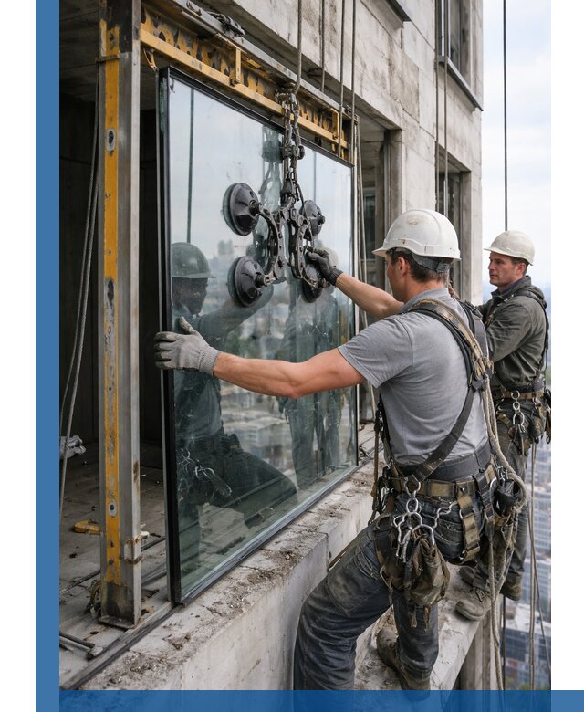 Монтаж стеклопакетов на высоте в Мончегорске с промышленным альпинизмом