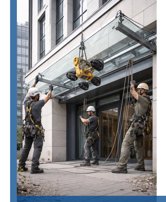 Монтаж стеклянных козырьков под ключ в Мончегорске для зданий