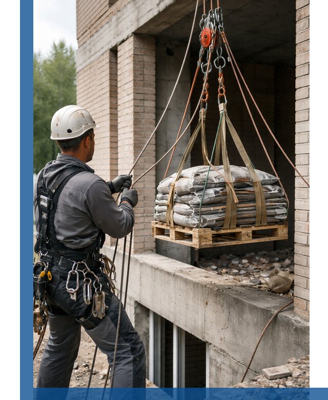 Подъем материалов на этаж веревками в Мончегорске оперативно