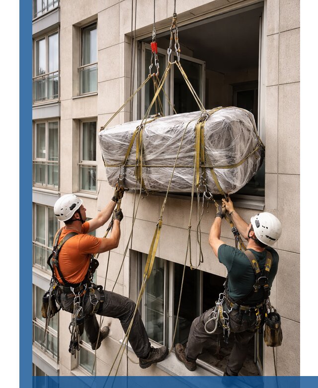 Подъем грузов через окно в Мончегорске промышленными альпинистами