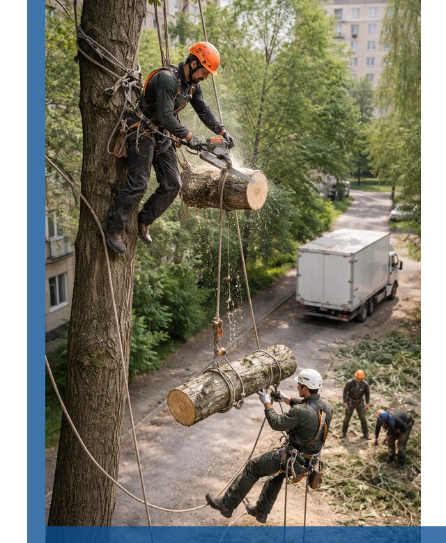 Спил деревьев альпинистами в Мончегорске, безопасно и без повреждений