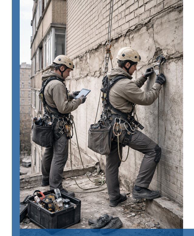 Обследование фасада промышленными альпинистами в Мончегорске